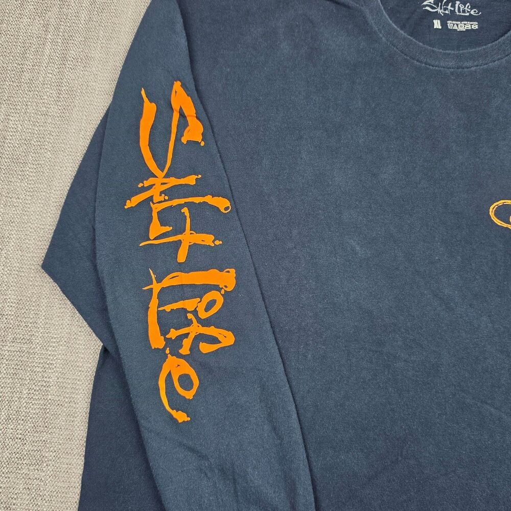 Salt Life Mens XL Dark Blue Orange Skull Fish Hooks Long Sleeve T-Shirt Graphic - Picture 4 of 6